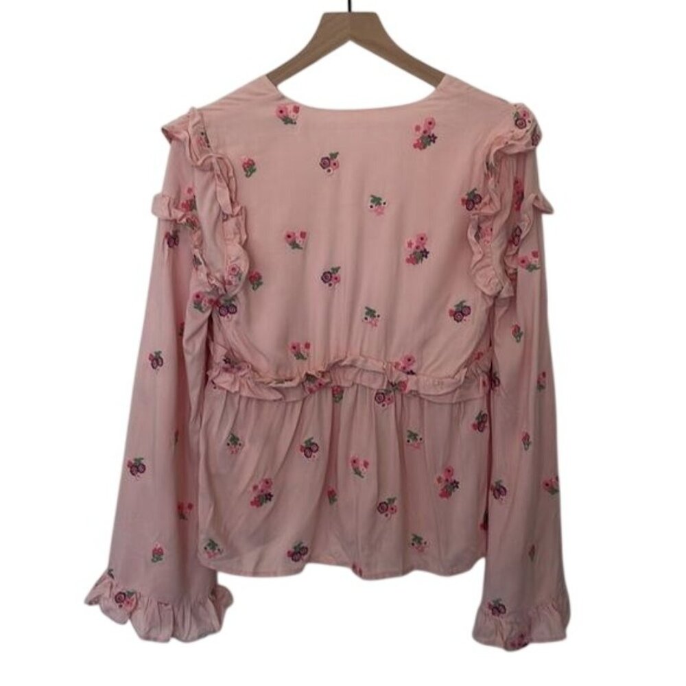 Tularosa | Floral Embroidered Plunging V Neck Button Down Bell Sleeve Top Small - Picture 6 of 9